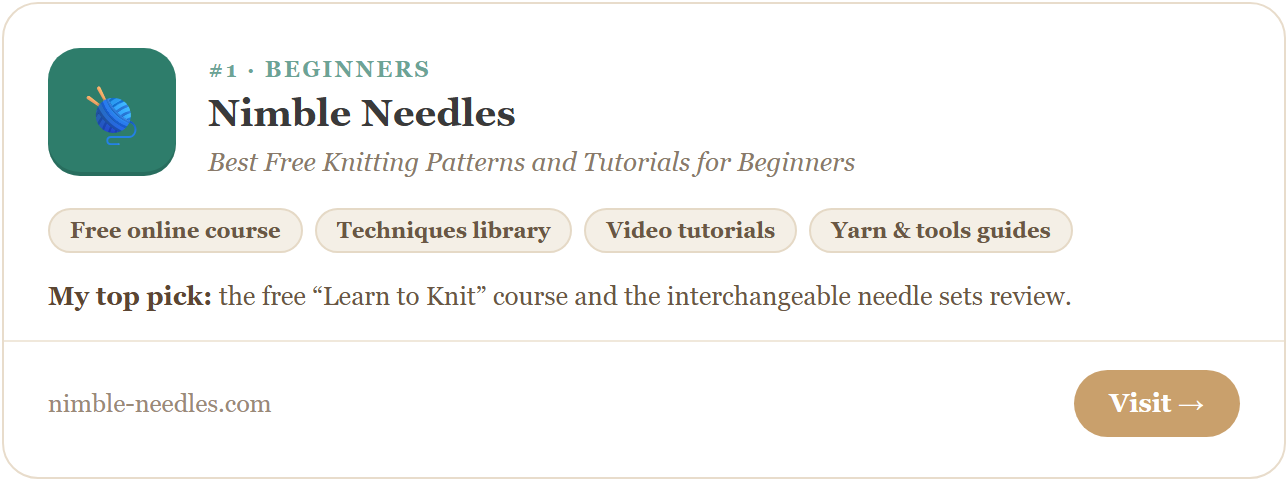 Nimble Needles — free knitting patterns and tutorials for beginners. Blog card listing a free knitting course, techniques library, video tutorials, yarn and tools guides. Best free knitting website for beginner knitters